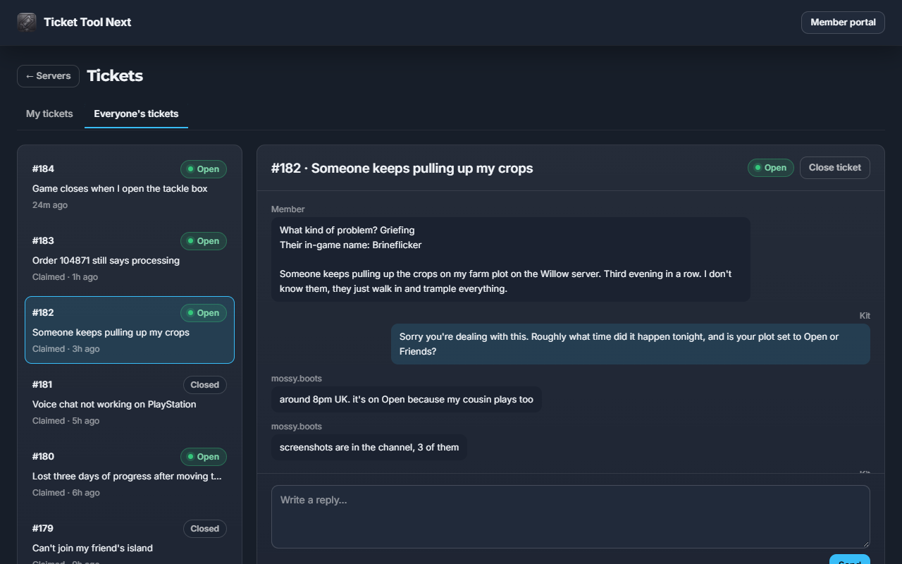 Harbour Town's tickets in the member portal: a list of open and closed tickets on the left, and one of them, a report about a player pulling up crops, read in full on the right with the staff member's replies and a reply box.