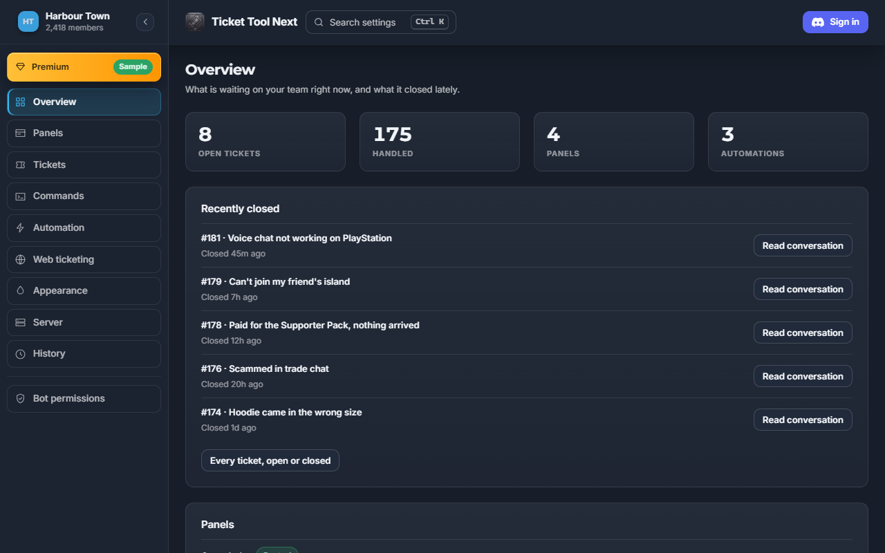 The overview of Harbour Town, the sample server, in the Ticket Tool Next dashboard: its open tickets, the tickets it has handled, and the four panels it has posted.