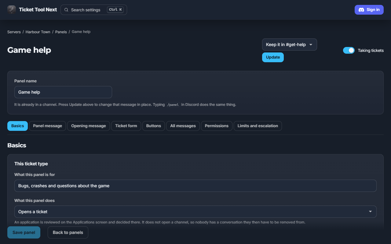 The panel editor, with tabs for the panel message, the opening message, the ticket form, buttons and permissions.